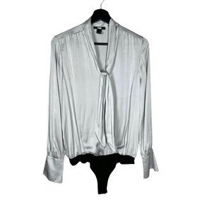 PAIGE Saffron Grey Satin Long Sleeve V Neck Surplice Thong Bodysuit Small